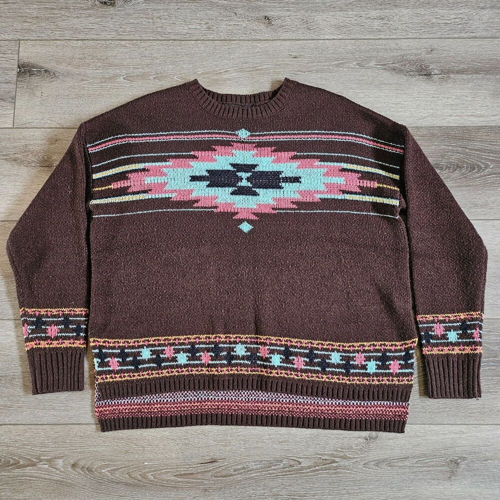 Rock & Roll Cowgirl Aztec Geo Knit Boxy Brown Sweater M Western Chic Crew neck